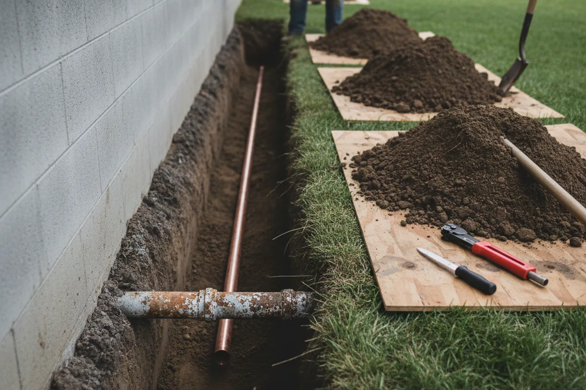 Excavated water line trench during Water Heater Repair in Fairfield